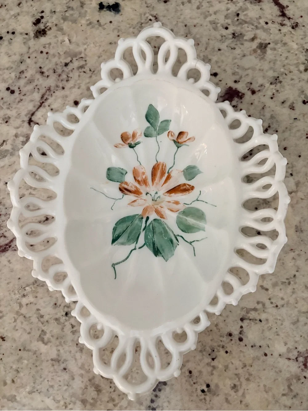 Antique EAPG Milk Glass Floral Openwork Bowl - White,Orange & Green